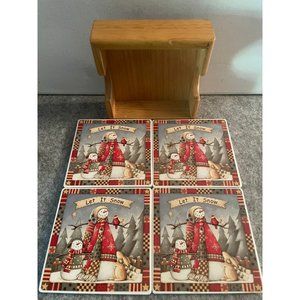 Vintage Let It Snow Stoneware Snowmen Coaster set with Wood Holder #736